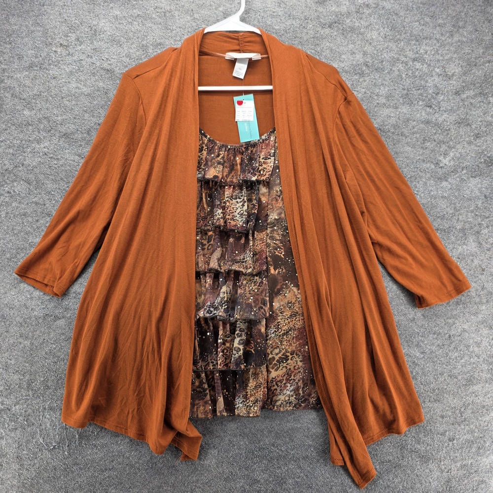 Christopher & Banks Blouse Tunic Womens PL Orange Animal Print Ruffle Layered